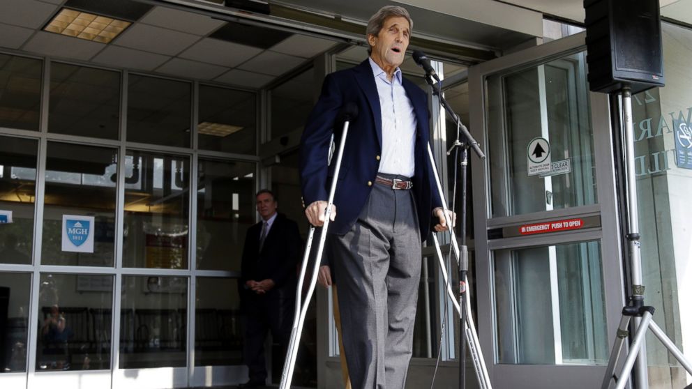 Secretary of State John Kerry speaks to media as he is discharged from Massachusetts General Hospital, June 12, 2015, in Boston.