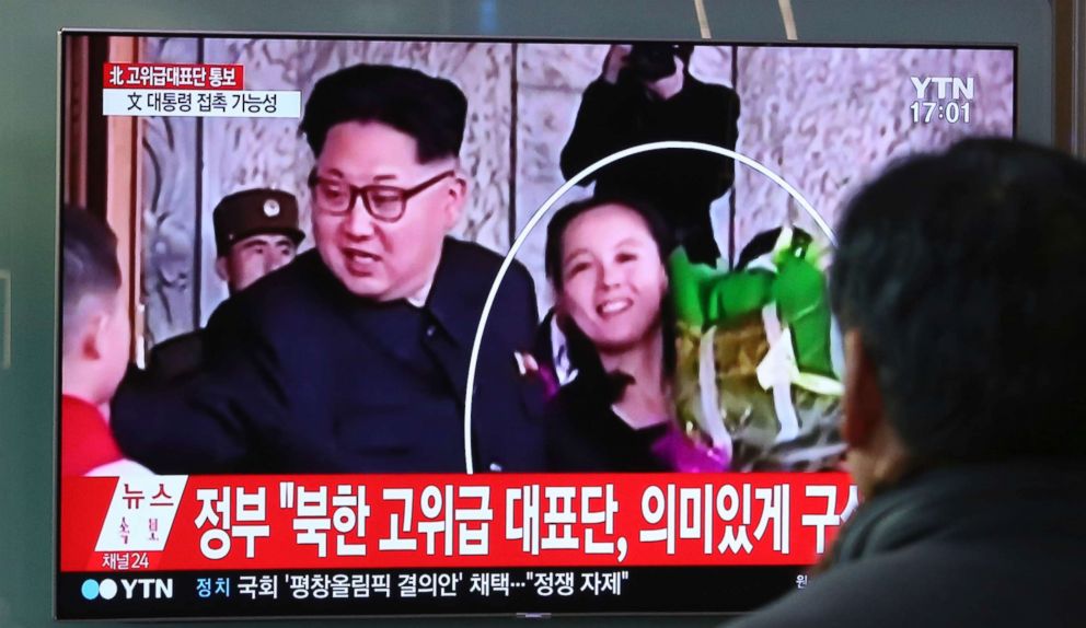 PHOTO: People watch a TV screen showing North Korean leader Kim Jong Un, left, and his sister Kim Yo Jong at Seoul Railway Station in Seoul, South Korea, Wednesday, Feb. 7, 2018. 