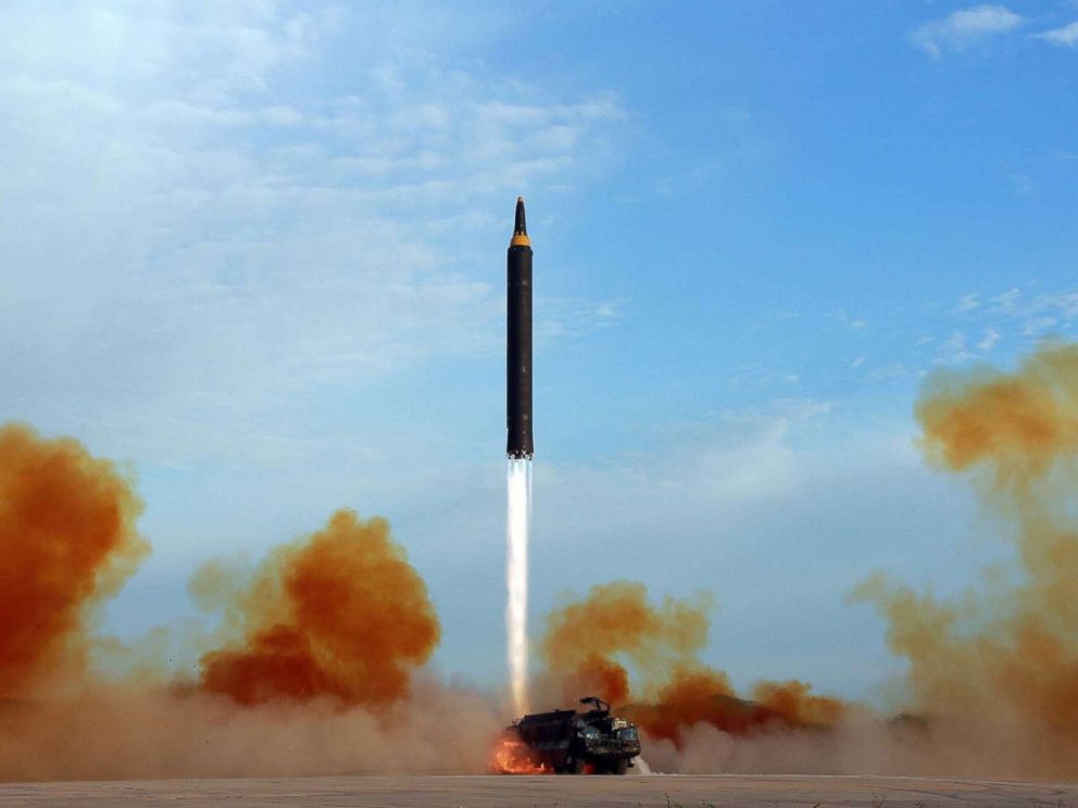 PHOTO: This undated photo distributed on Sept. 16, 2017, by the North Korean government shows what was said to be the test launch of an intermediate range Hwasong-12 in North Korea. Content of this image is as provided & cannot be independently verified.