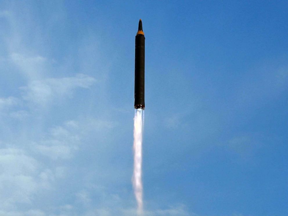 PHOTO: This undated photo distributed on Sept. 16, 2017, by North Korean government shows what was said to be the test launch of an intermediate range Hwasong-12 in North Korea. The content of this image is as provided & cannot be independently verified.