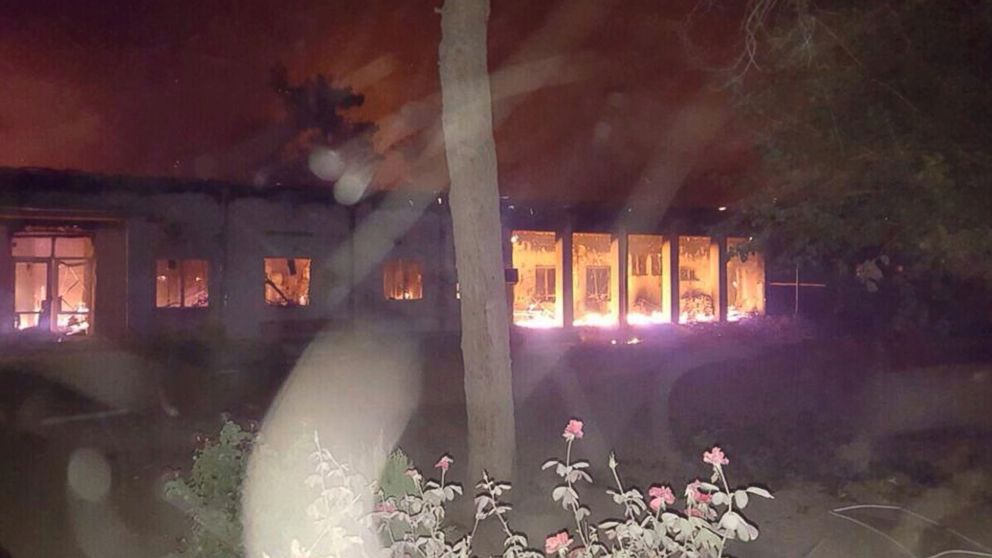 The Doctors Without Borders hospital is seen in flames in Kunduz, Afghanistan,  Oct. 3, 2015.