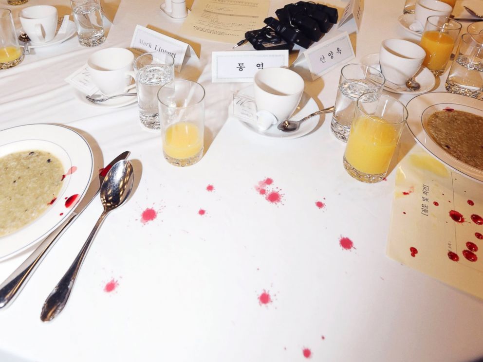 PHOTO: Blood stains are seen on the table where U.S. Ambassador to South Korea Mark Lippert sat at a lecture hall in Seoul, South Korea, March 5, 2015.