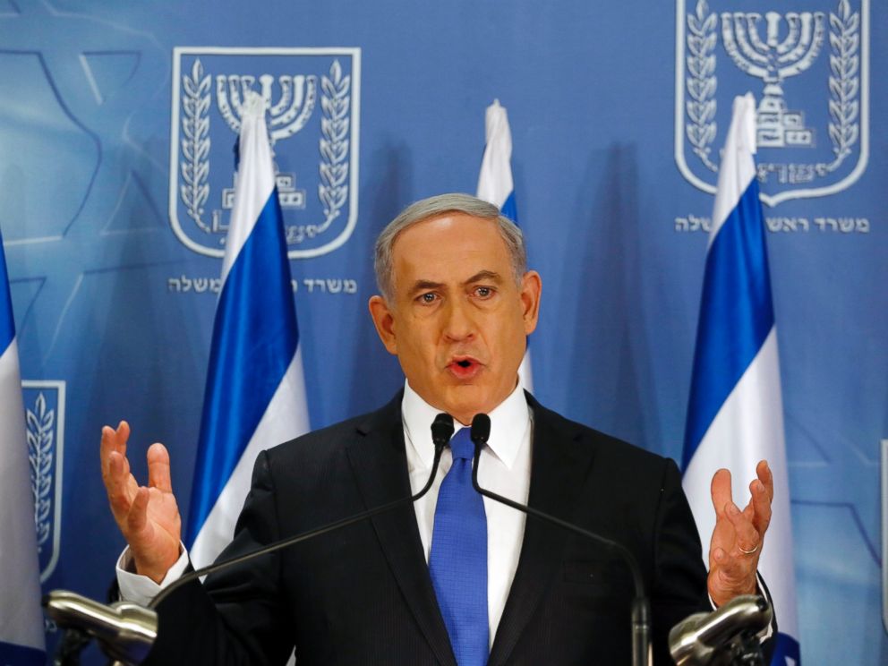 PHOTO: Israeli Prime Minister Benjamin Netanyahu gestures as he speaks during a press conference at the defense ministry in the Israeli coastal city of Tel Aviv on July 11, 2014.