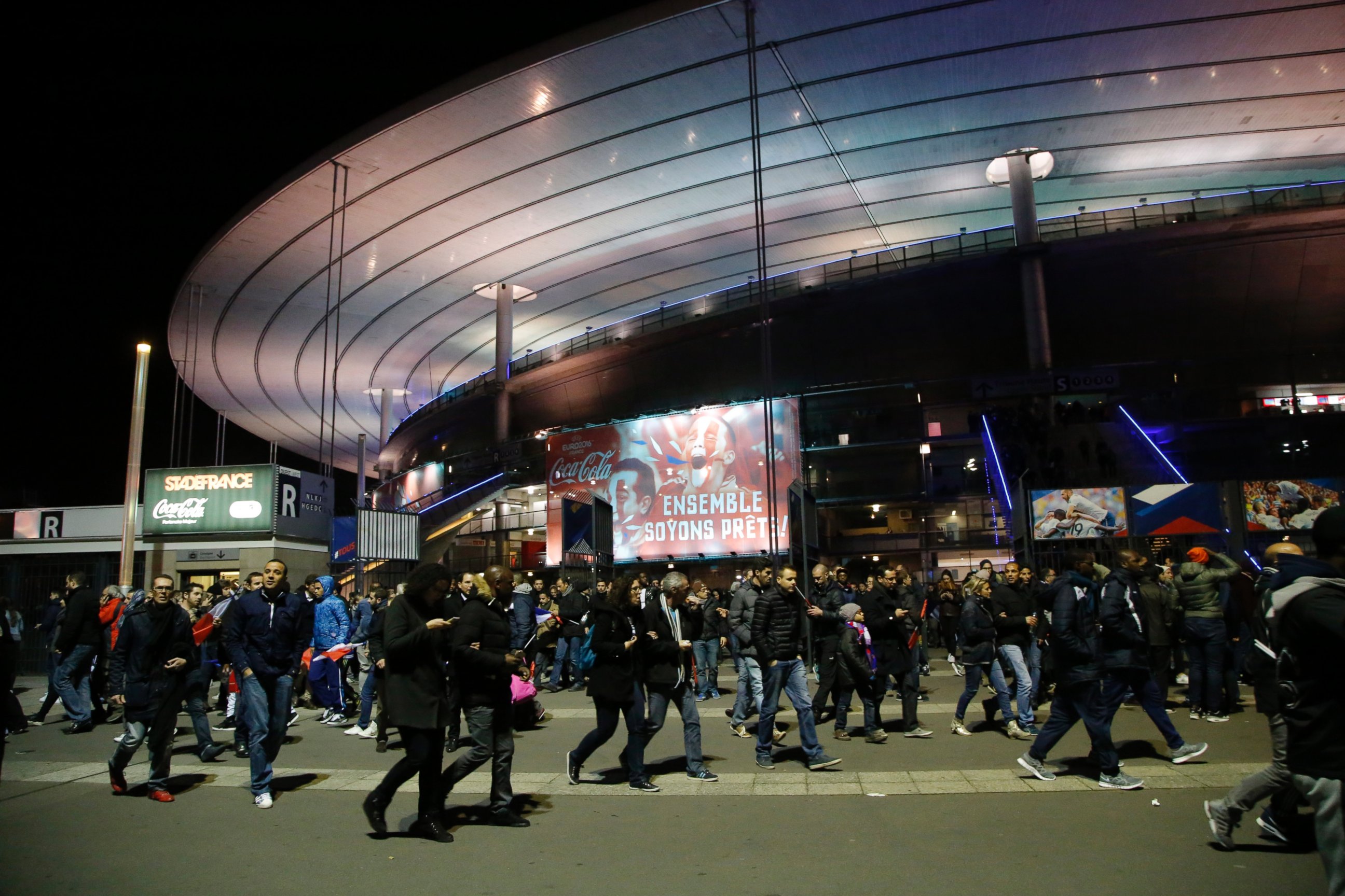 PHOTO: People leave the Stade de France stadium after the international friendly soccer France against Germany, Nov. 13, 2015 in Saint Denis, outside Paris.