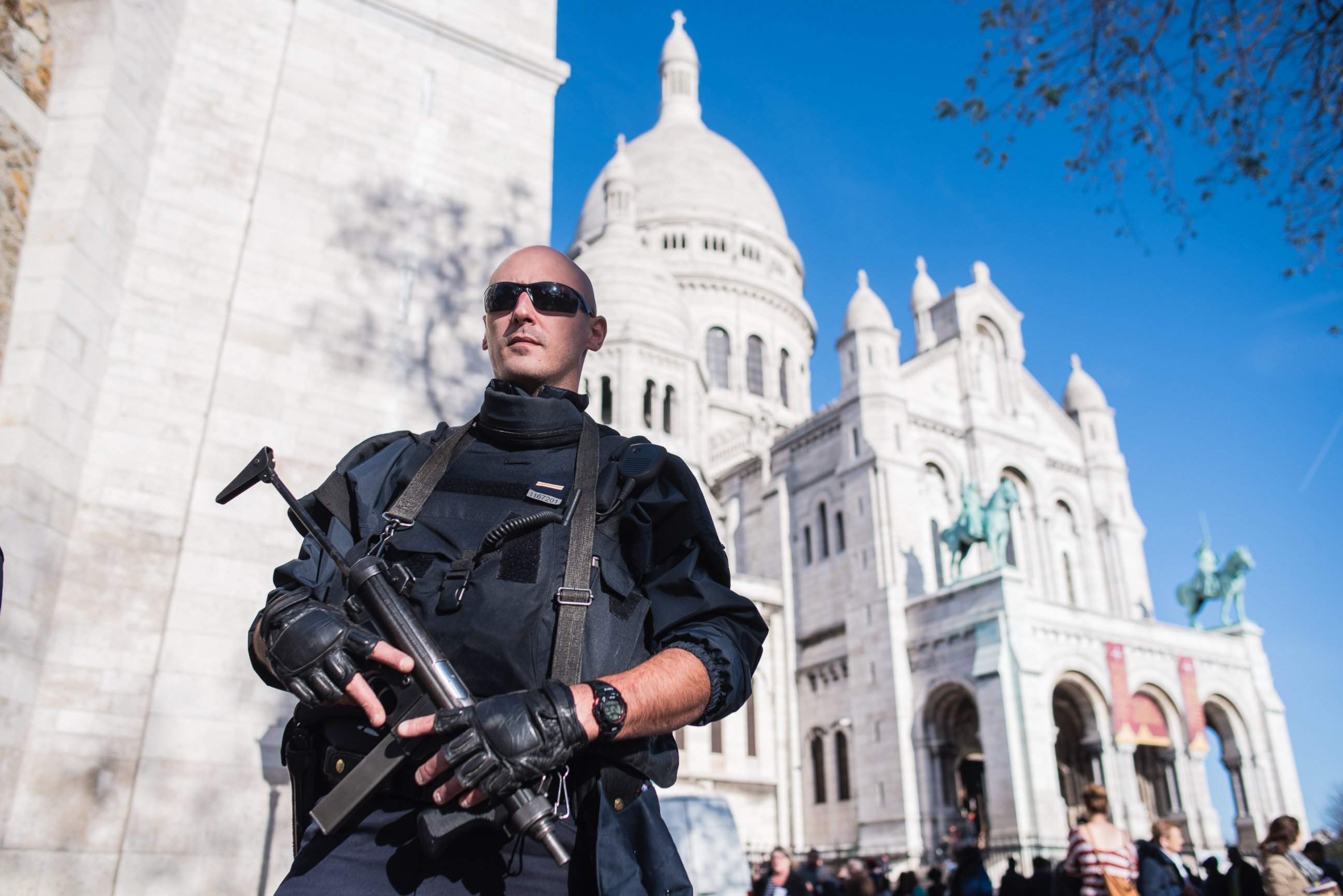 PHOTO: A French police officer patrols the Sacre Coeur basilica in Paris on Nov. 15, 2015.