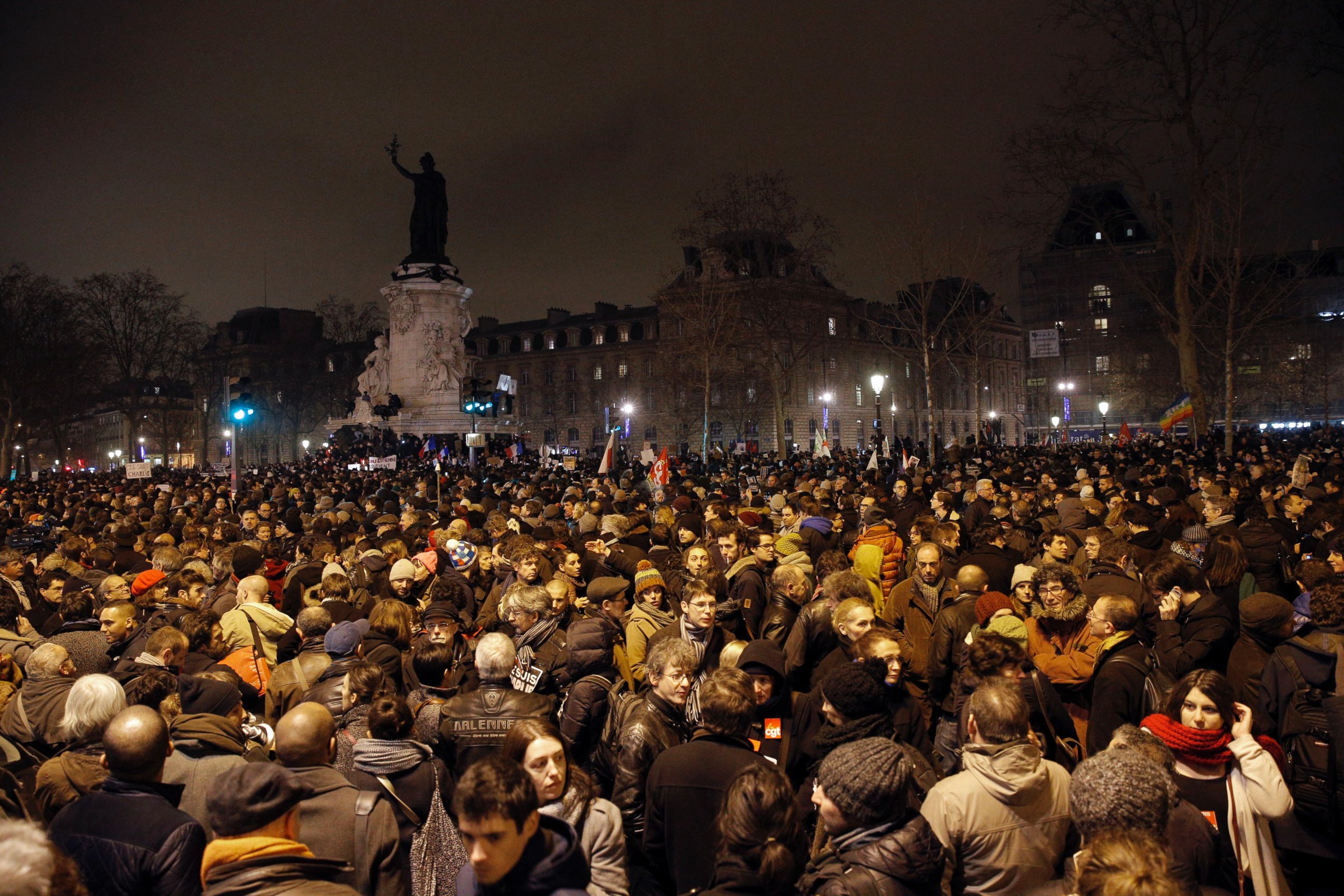 PHOTO: Demonstrators gather at the Place de la Republique after a shooting at a French satirical newspaper in Paris,  Jan. 7, 2015. 
