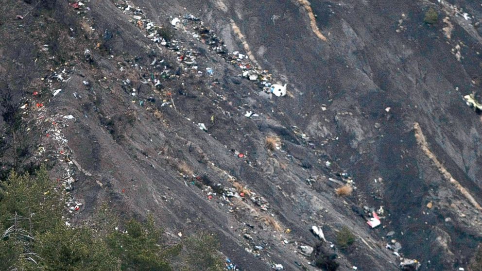 PHOTO: Debris of the Germanwings passenger jet is scattered on the mountain side near Seyne les Alpes, French Alps, March 24, 2015. 