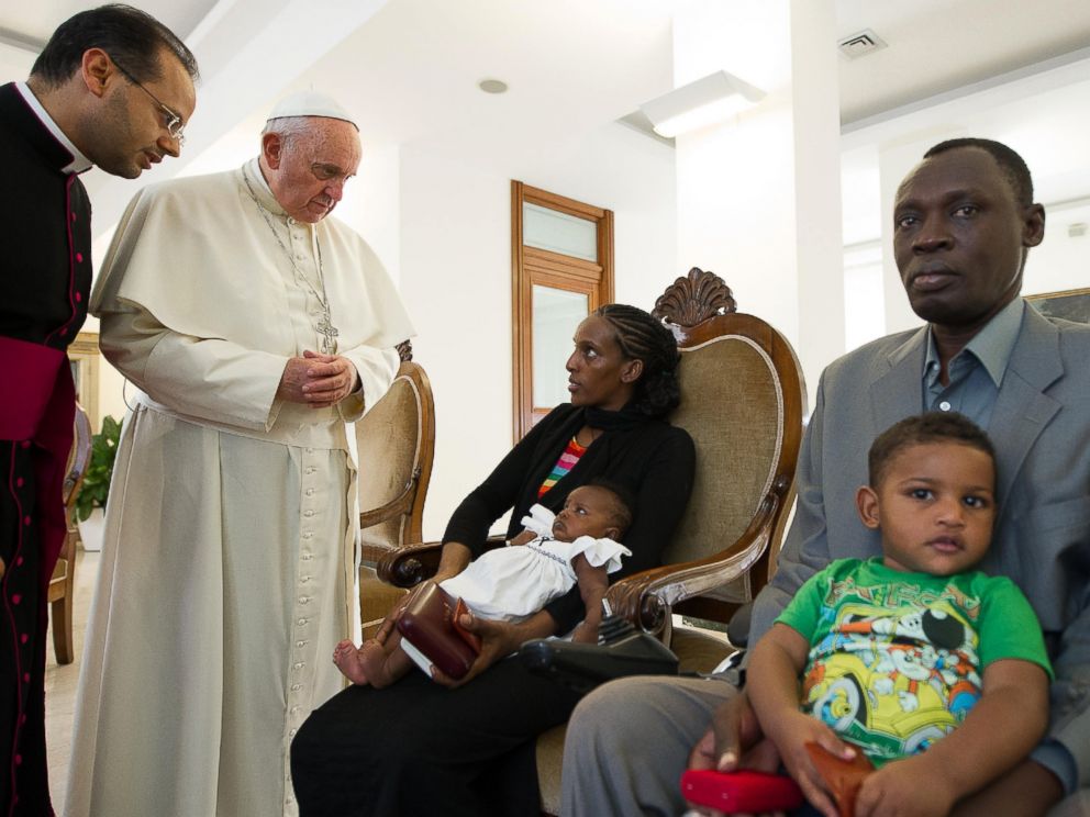 PHOTO: Pope Francis meets Meriam Ibrahim with her husband Daniel Wani and two small children in his Santa Marta residence at the Vatican on July 24, 2014.