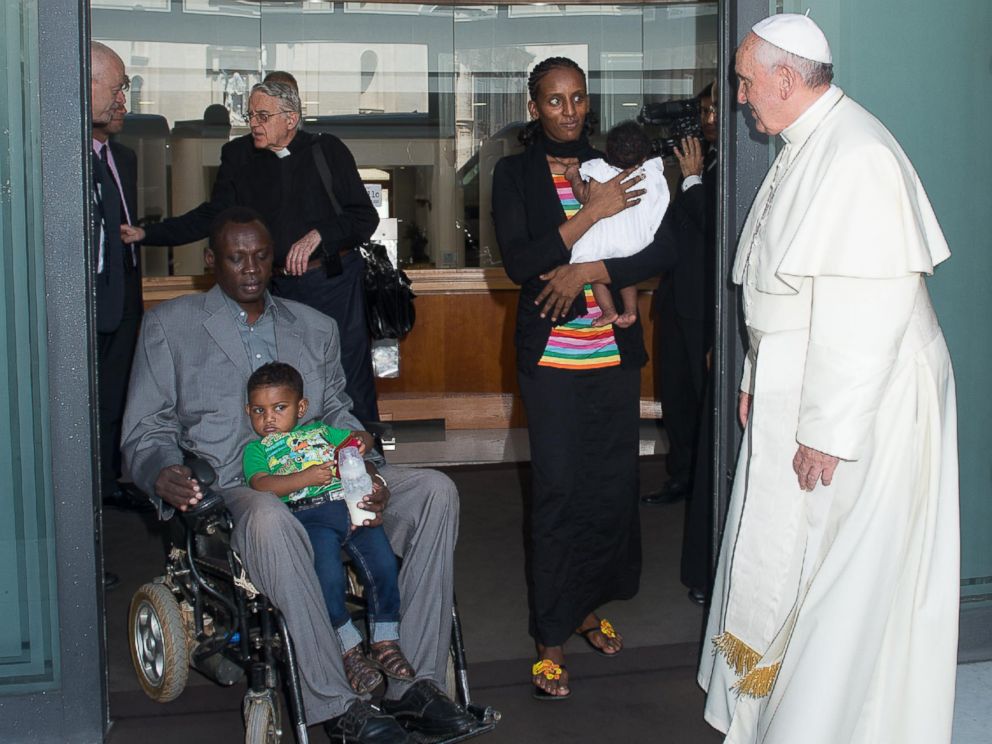 PHOTO: Pope Francis meets Meriam Ibrahim with her husband Daniel Wani and two small children in his Santa Marta residence at the Vatican on July 24, 2014.