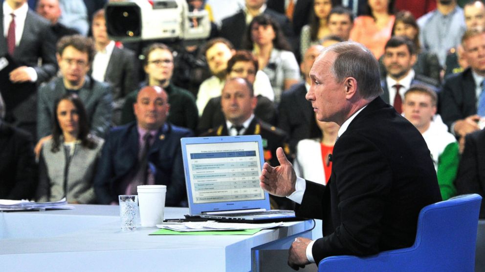 PHOTO: Russian President Vladimir Putin speaks during an annual call-in show on Russian television "Conversation With Vladimir Putin" in Moscow, Russia, April 16, 2015.