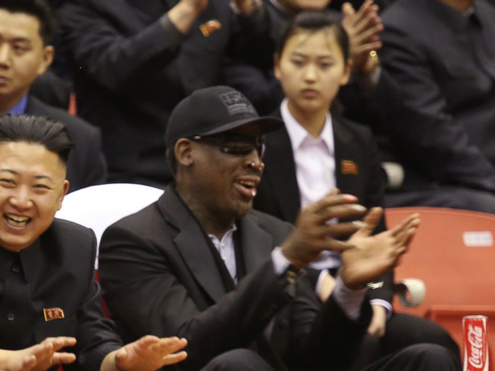 PHOTO: North Korean leader Kim Jong Un, left, and former NBA star Dennis Rodman watch North Korean and U.S. players in an exhibition basketball game at an arena in Pyongyang, North Korea, Feb. 28, 2013.