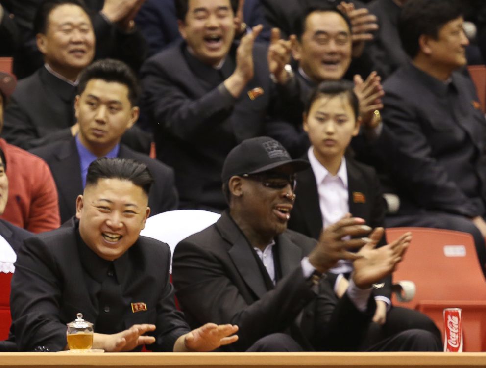 PHOTO: North Korean leader Kim Jong Un, left, and former NBA star Dennis Rodman watch North Korean and U.S. players in an exhibition basketball game at an arena in Pyongyang, North Korea, Feb. 28, 2013.