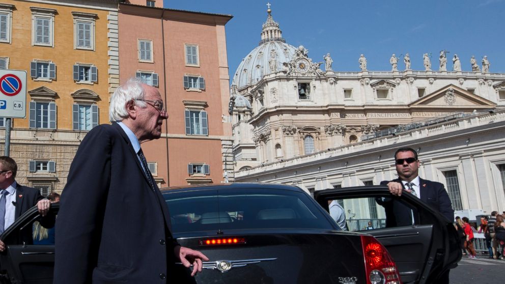 US presidential candidate Bernie Sanders, backdropped by the dome of St. Peter's Basilica at the Vatican on Saturday, April 16, 2016. 
