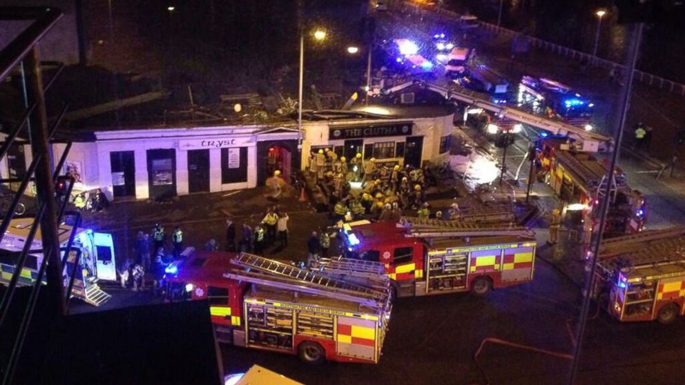 Picture of the helicopter crash at the Clutha Bar in Glasgow, Scotland, on Nov. 29, 2013, taken with permission from Jan Hollands' Twitter feed, @Janney_h.