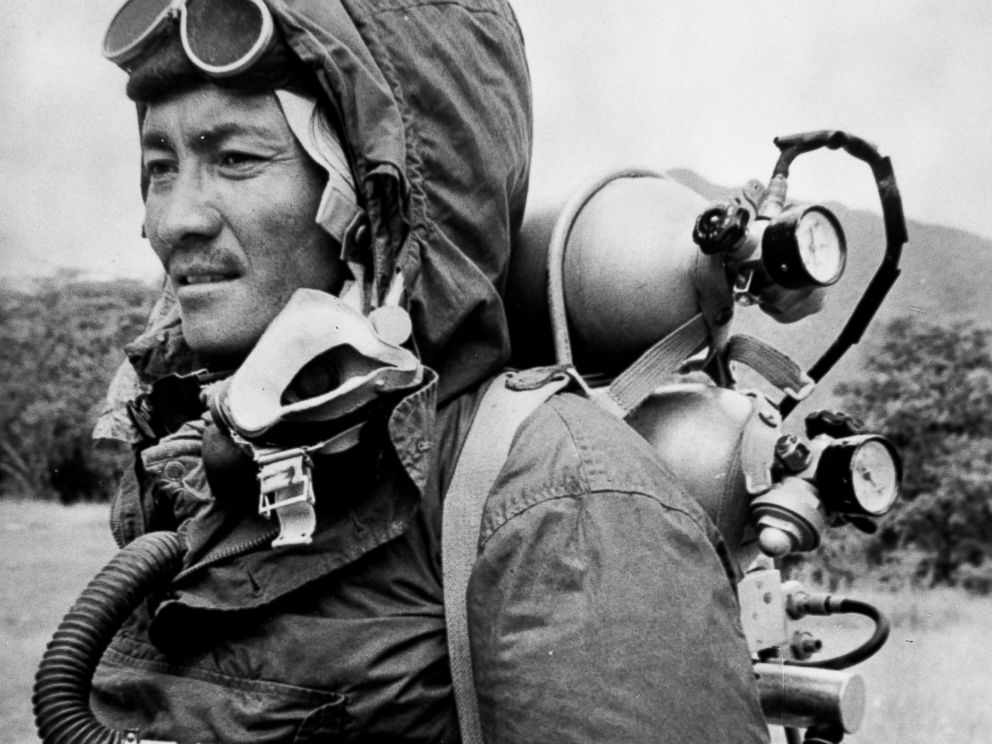 PHOTO: Sherpa Tensing is seen in this June 30, 1963 file photo, wearing the clothing and oxygen equipment in which he and Edmund Hillary reached the summit of Mount Everest.