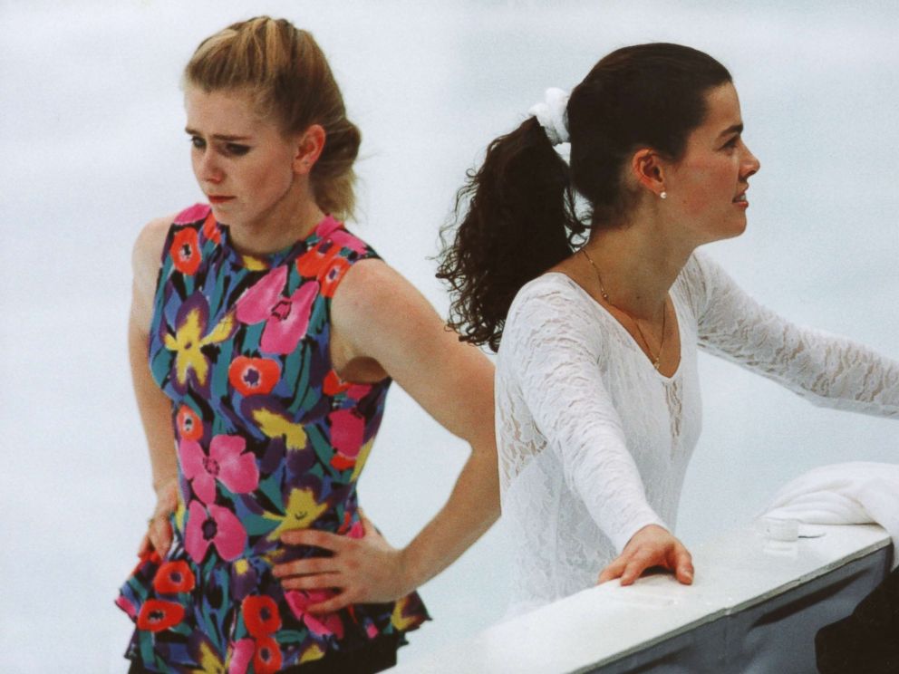 PHOTO: Tonya Harding and Nancy Kerrigan take a break during the training for the 1994 Winter Olympics in Lillehammer, Norway on Feb. 17, 1994.