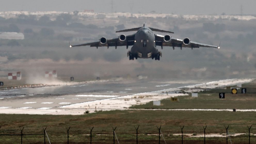 In this Sept. 1, 2013, file photo, a U.S. Air Force plane takes off from the Incirlik airbase, in southern Turkey. 