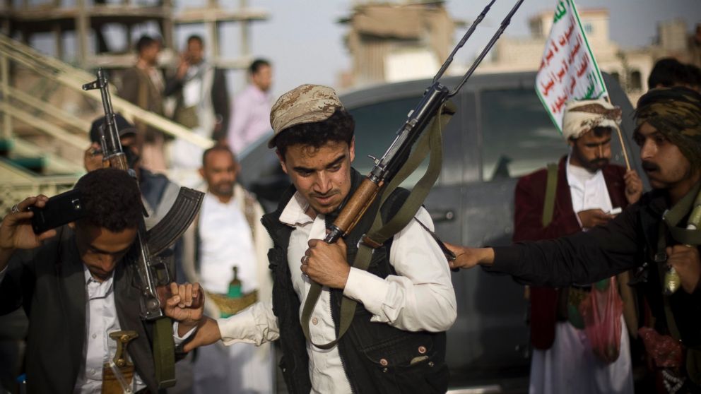 Shiite rebels, known as Houthis, perform a traditional dance during a protest against Saudi-led airstrikes in Sanaa, Yemen, April 10, 2015. 