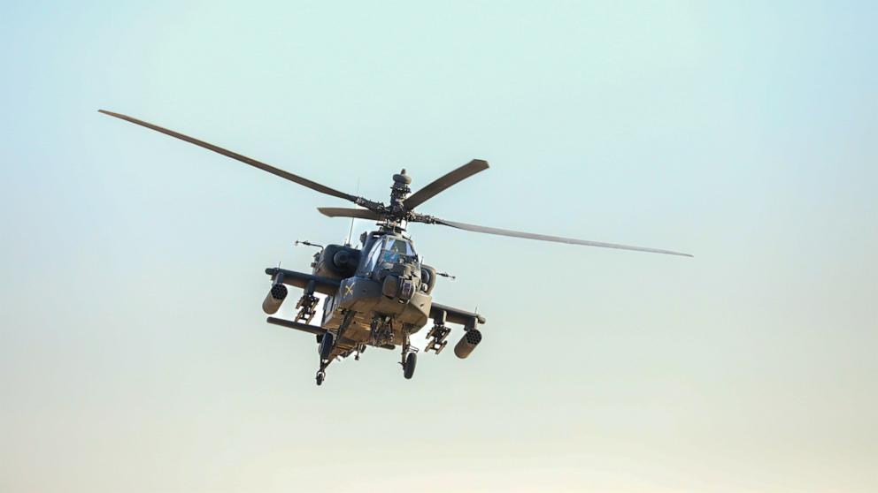 PHOTO: An AH-64 Apache helicopter assigned to Task Force Shikra, 101st Combat Aviation Brigade, 101st Airborne Division (Air Assault), conduct aerial gunnery training, Sept. 9, 2025.