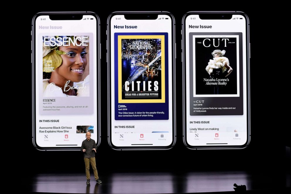 PHOTO: Roger Rosner, vice president of applications at Apple Inc., speaks during  the launch of their new video streaming service, and unveiled a premium subscription tier to its News app, March 25, 2019, in Cupertino, Calif.