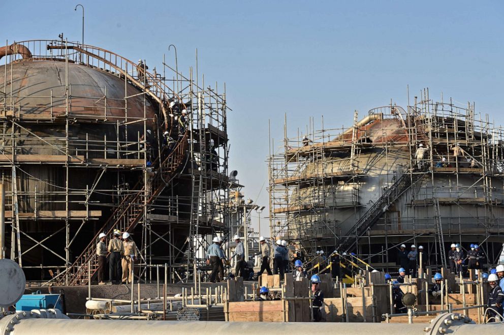 PHOTO: Employees of Aramco oil company work in Saudi Arabia's Abqaiq oil processing plant, Sept. 20, 2019.