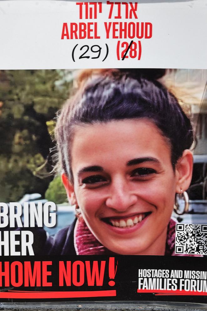 PHOTO: This picture shows a portrait poster of Arbel Yehoud, 29, an Israeli hostage held in the Gaza Strip since the Oct. 7, 2023, attacks on Israel by Palestinian Hamas militants.