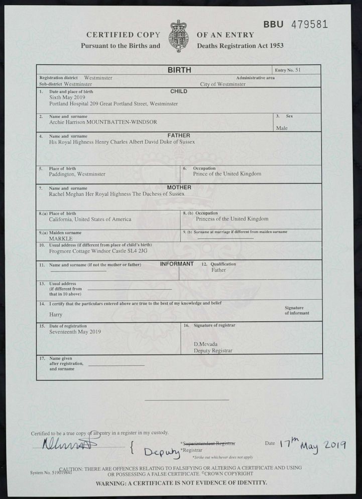 PHOTO: A copy of the birth certificate of Archie Harrison Mountbatten-Windsor, son of Britain's Prince Harry and Meghan, the Duchess of Sussex, in London, Friday May 17, 2019.