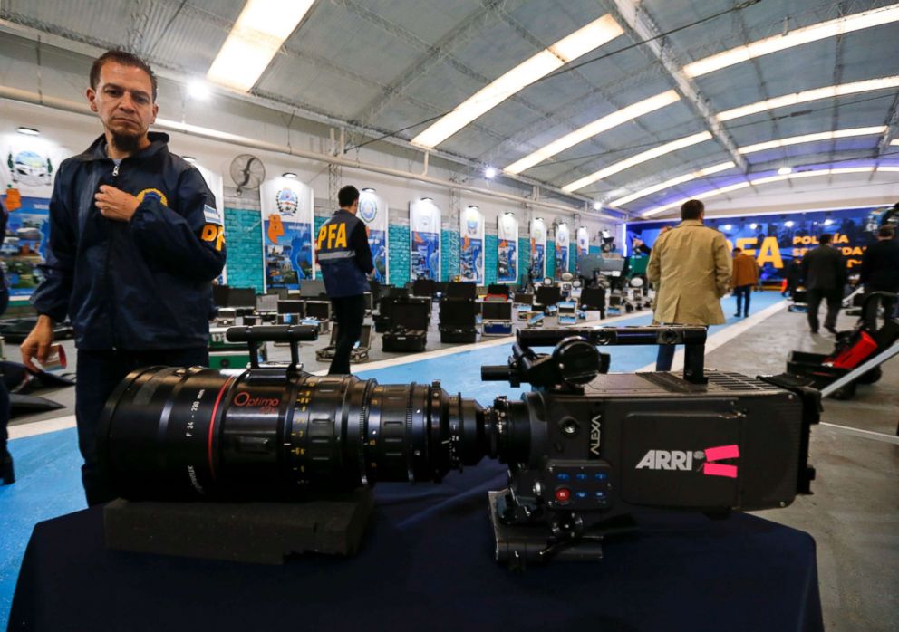 PHOTO: Stolen film equipment is displayed for a media presentation at the police department in Buenos Aires, Argentina, Sept. 14, 2018.