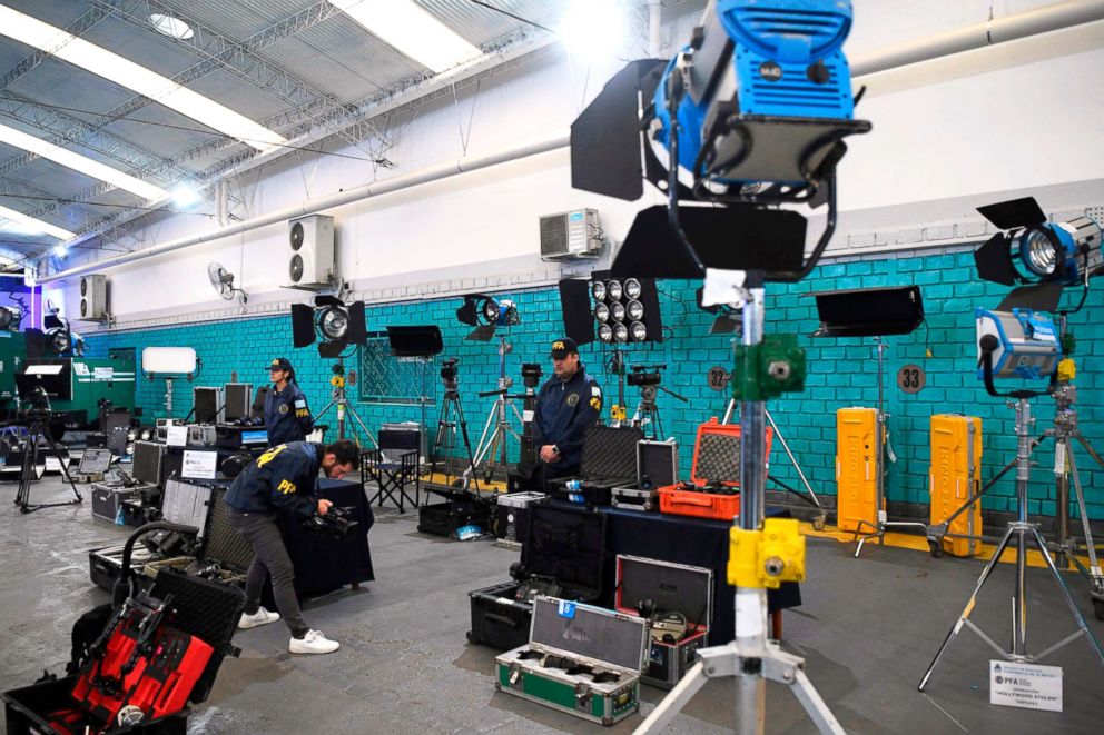 PHOTO: Seized film equipment is displayed during a press conference in Buenos Aires, Sept. 14, 2018.
