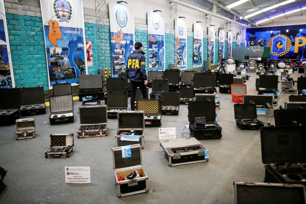 PHOTO: Seized film equipment is shown after police dismantled a criminal band accused of selling millions of dollars of equipment stolen from Hollywood studios, in Buenos Aires, Argentina, Sept. 14, 2018.