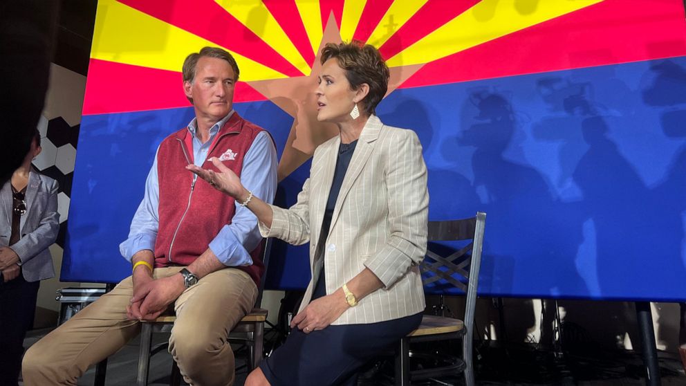 PHOTO: Virginia Gov. Glenn Youngkin campaigns with Republican gubernatorial nominee Kari Lake in Tucson, Arizona, on Oct. 19, 2022.