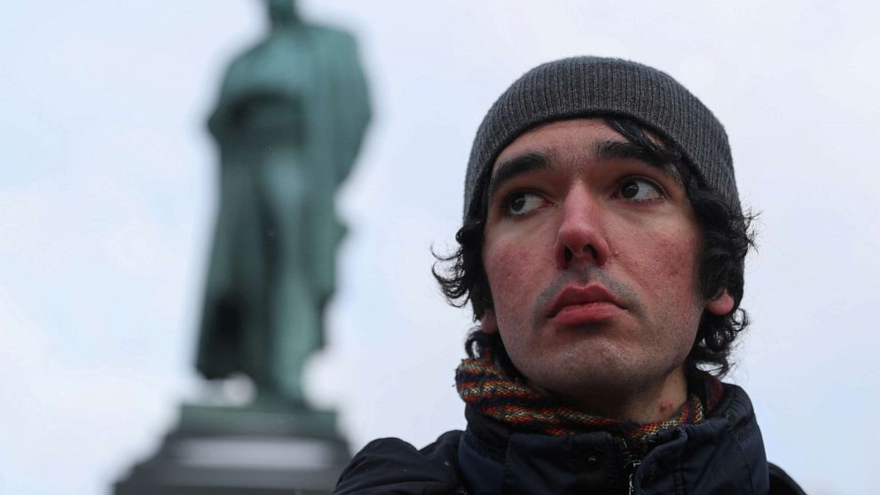 PHOTO: Climate activist Arshak Makichyan takes part in a single-person demonstration in Moscow, Feb. 7, 2020.