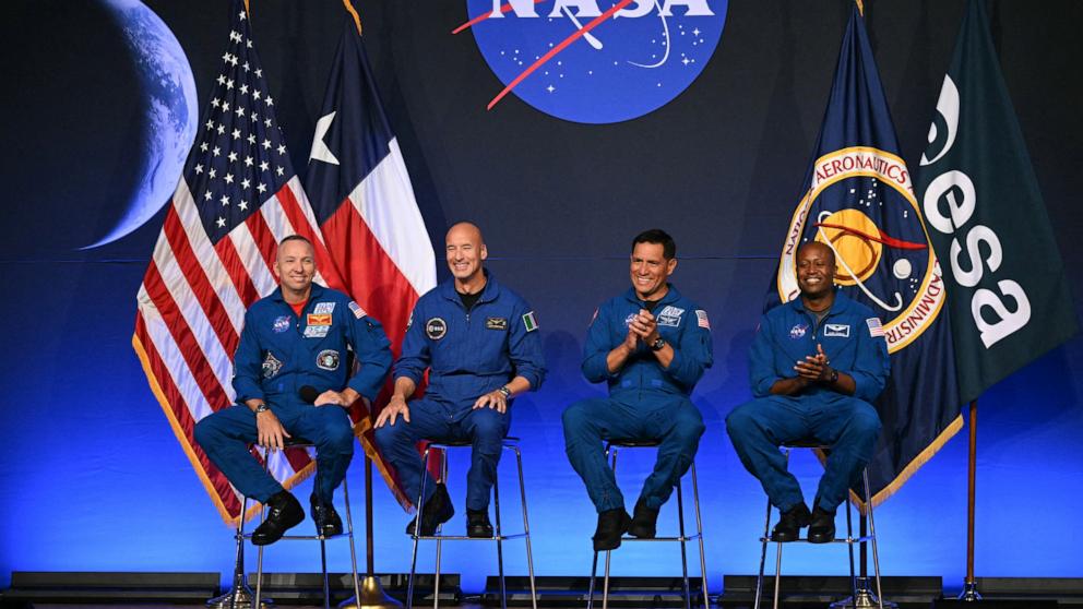 PHOTO: The Artemis III crew speak during a press conference announcing the crew for the Artemis III mission at NASA's Johnson Space Center in Houston, Texas, June 9, 2026. 