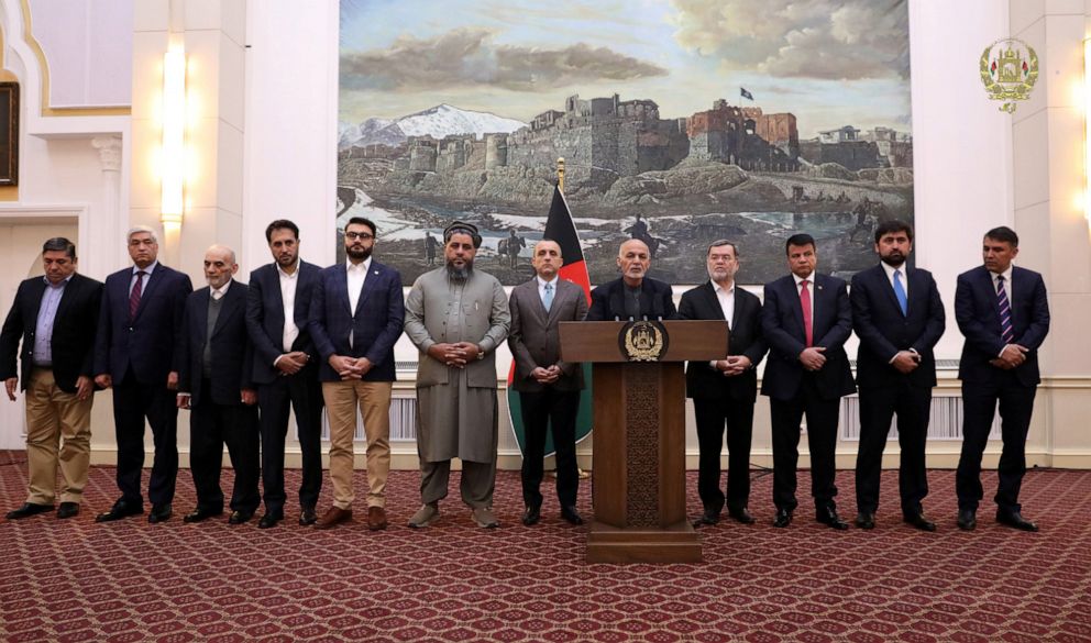 PHOTO: Afghanistan President Ashraf Ghani speaks about the release of two senior Taliban commanders and a leader of the Haqqani militant group in exchange for an American and an Australian who were kidnapped in 2016, in Kabul, Afghanistan, Nov. 12, 2019.