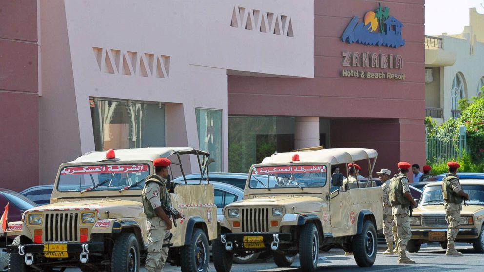 Egyptian military personnel are stationed outside one of the two beach resorts were a stabbing attack occurred, in Hurghada, Egypt, July 14, 2017. Two Ukrainian women were allegedly killed and four other female vacationers were wounded after a man attacked them at a beach resort with a knife. The assailant was captured and is now being questioned by police.  