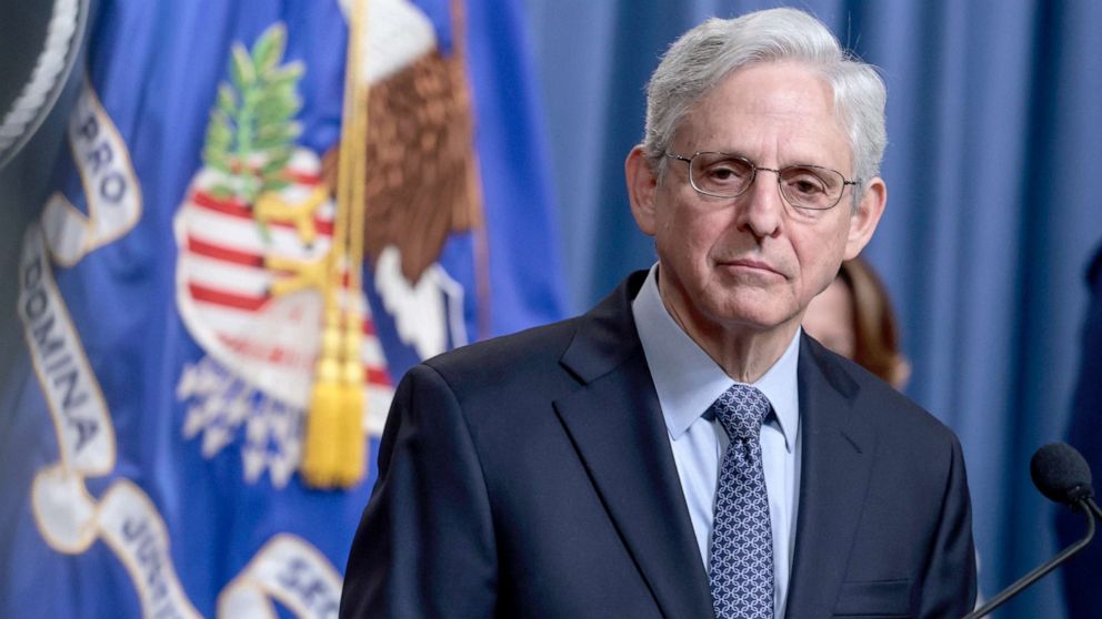 PHOTO: Attorney General Merrick Garland during a press conference at the U.S. Justice Department in Washington, April 06, 2022.