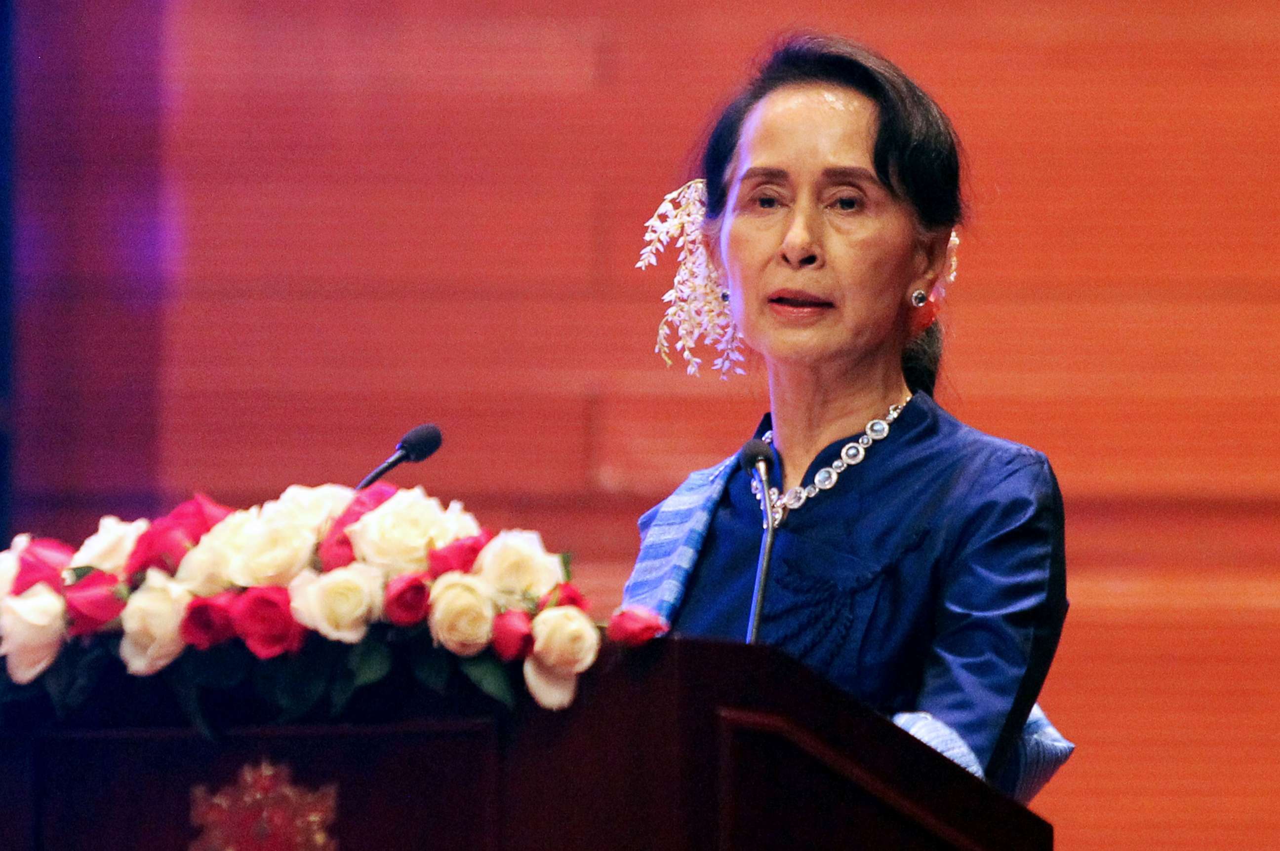PHOTO: Myanmar State Counsellor Aung San Suu Kyi delivers her address during a signing ceremony for a ceasefire agreement with two armed ethnic groups, New Mon State Party (NMSP) and Lahu Democratic Union (LDU) in the capital Naypyidaw, Feb. 13, 2018.