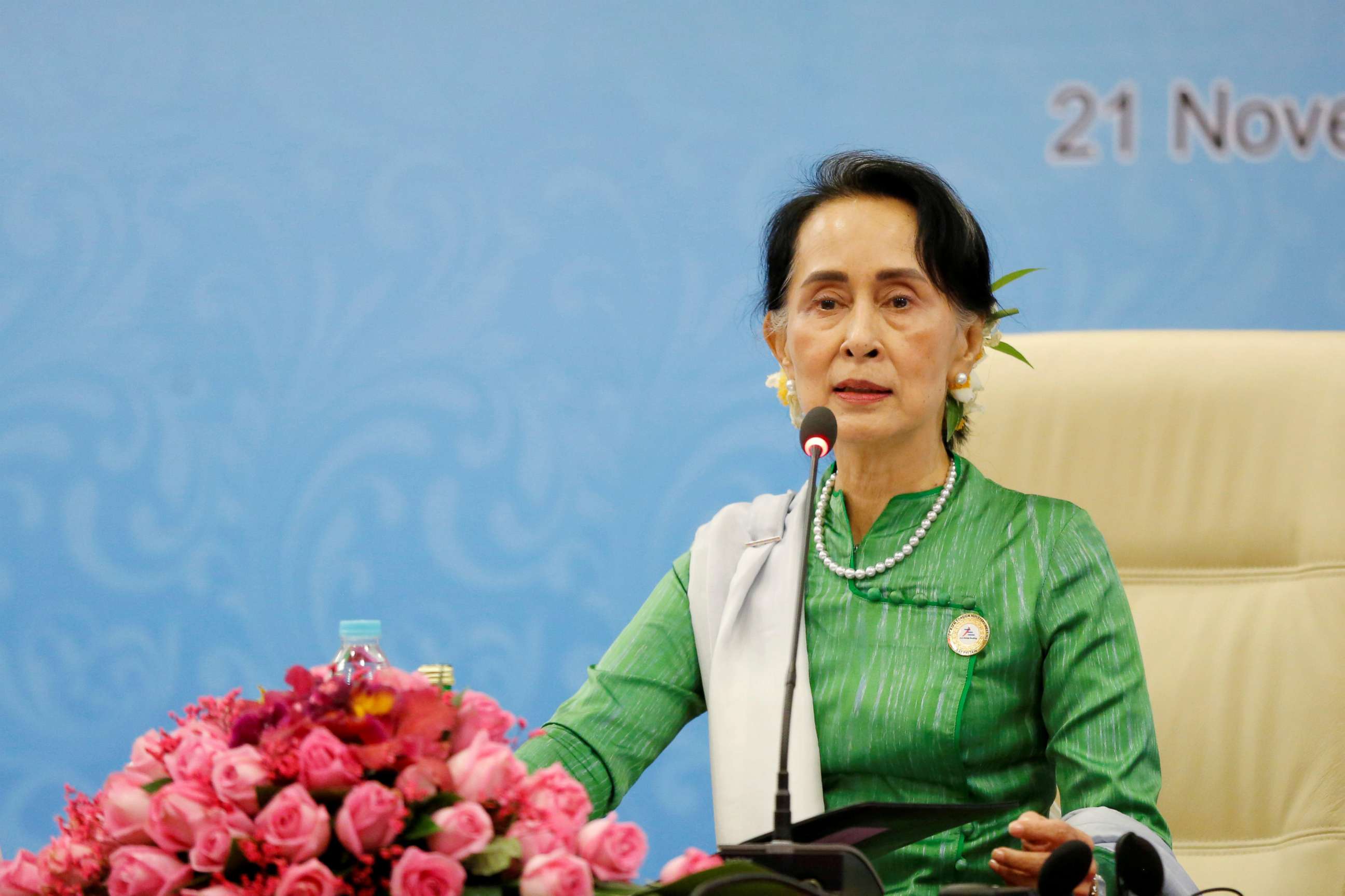PHOTO: Myanmar State Counselor Aung San Suu Kyi speaks during a news conference at the Asia Europe Foreign Ministers (ASEM) in Naypyitaw, Myanmar, Nov. 21, 2017. 