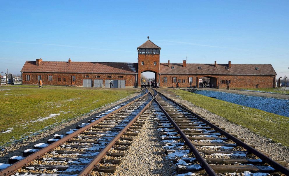 PHOTO: In this Dec. 5, 2019, file photo, the railway tracks entering the main building at the Auschwitz-Birkenau concentration camp are pictured.