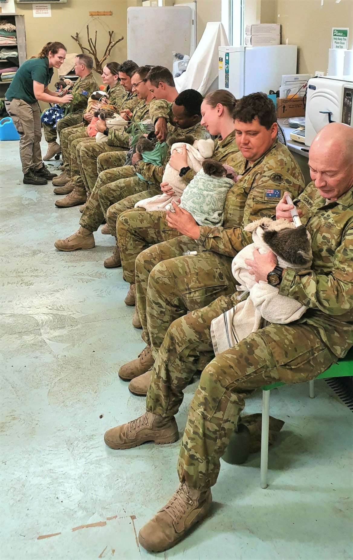 PHOTO: Soldiers for the Australian Army cuddle koalas saved from the bush fires during feeding time at the Cleland Wildlife Park in Crafers, South Australia.