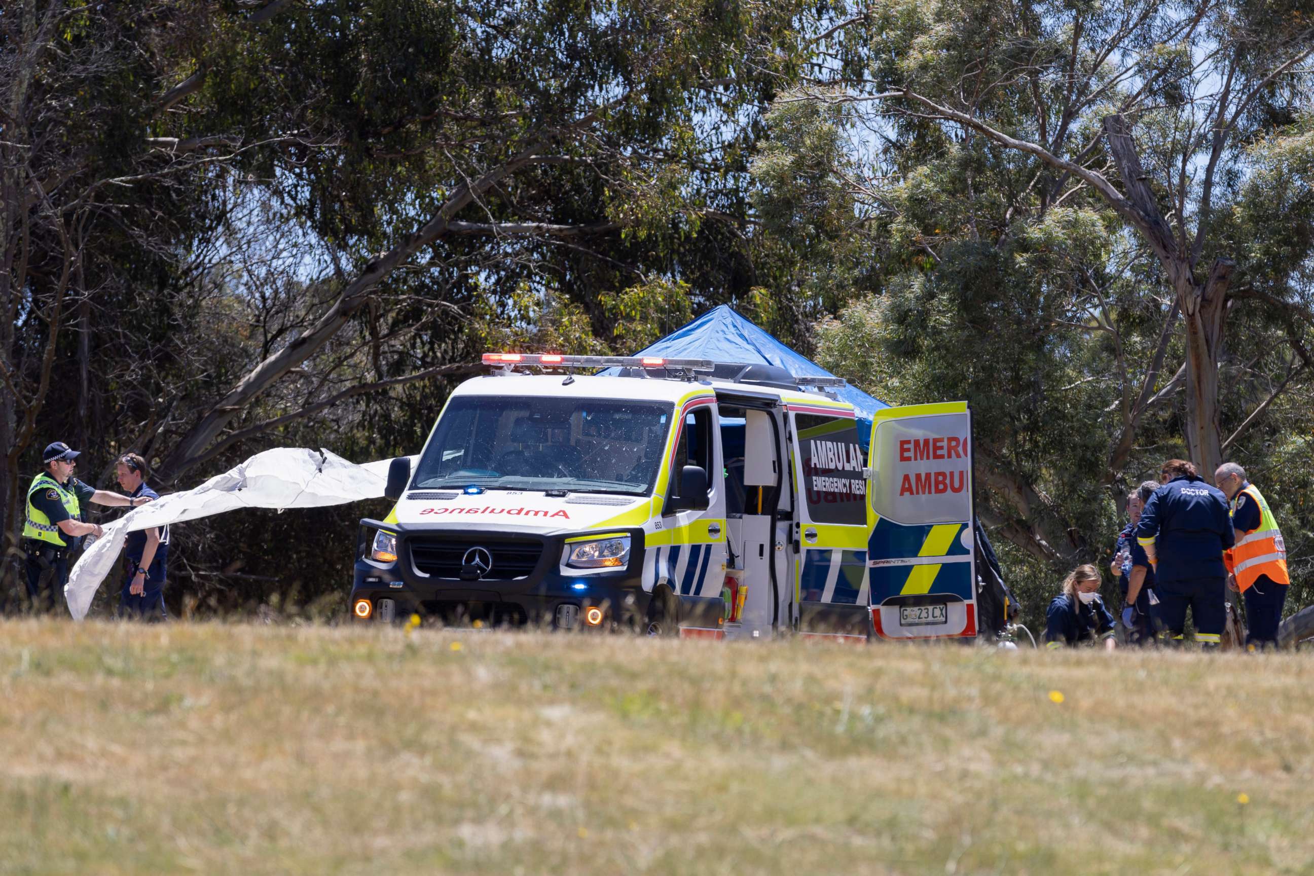 PHOTO: Emergency services personnel work the scene of a deadly incident involving a bouncy castle at the Hillcrest Primary School in Devonport, Tasmania state, Australia, on Dec. 16, 2021.