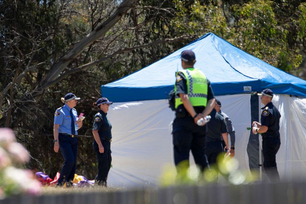 PHOTO: Emergency services personnel work the scene of a deadly incident involving a bouncy castle at the Hillcrest Primary School in Devonport, Tasmania state, Australia, on Dec. 16, 2021.