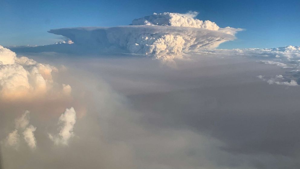 PHOTO: Pyrocumulonimbus cloud formation is seen from a plane as bush fires continue in New South Wales, Australia, Jan. 4, 2020.