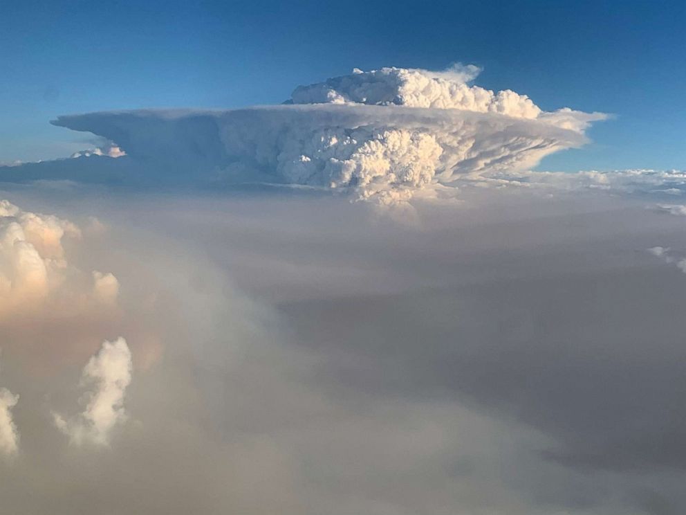PHOTO: Pyrocumulonimbus cloud formation is seen from a plane as bush fires continue in New South Wales, Australia, Jan. 4, 2020.