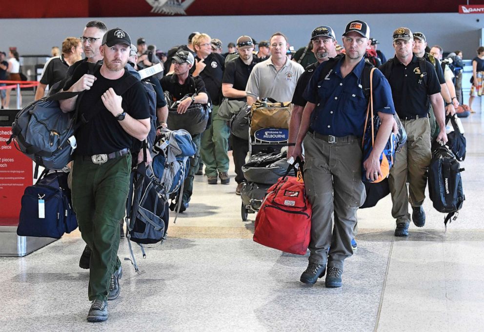 PHOTO: A contingent of 39 firefighters from the United states and Canada arrive at Melbourne Airport in Melbourne, Jan. 2, 2020.