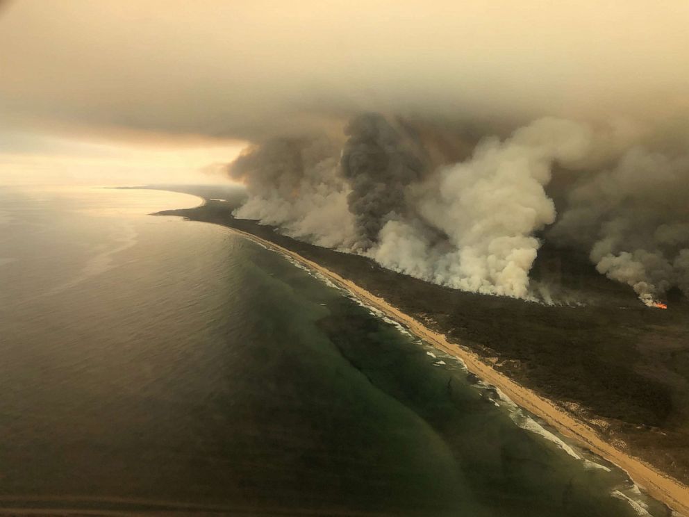 PHOTO: Thick plumes of smoke rise from bushfires at the coast of East Gippsland, Victoria, Australia, Jan. 4, 2020.