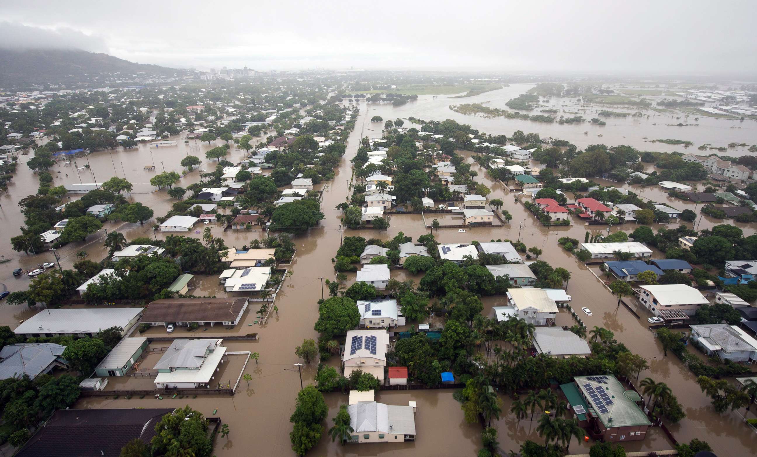 PHOTO: An aerial view shows houses inundated with flood waters in Townsville, Queensland, Australia, Feb. 4, 2019.