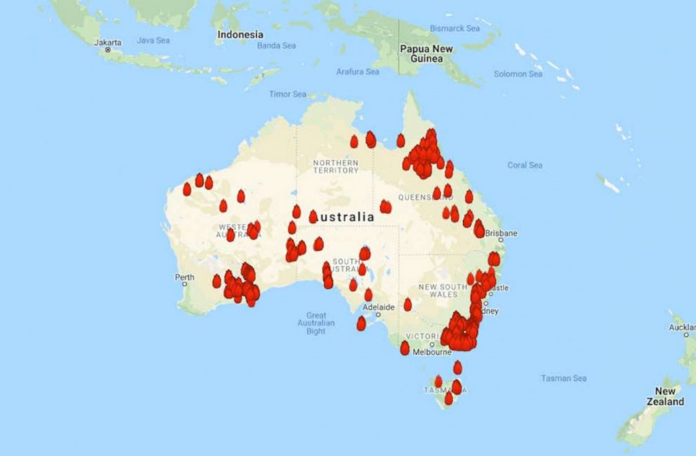 PHOTO: A map shows the locations of active bushfires in Australia, Jan. 2, 2020.