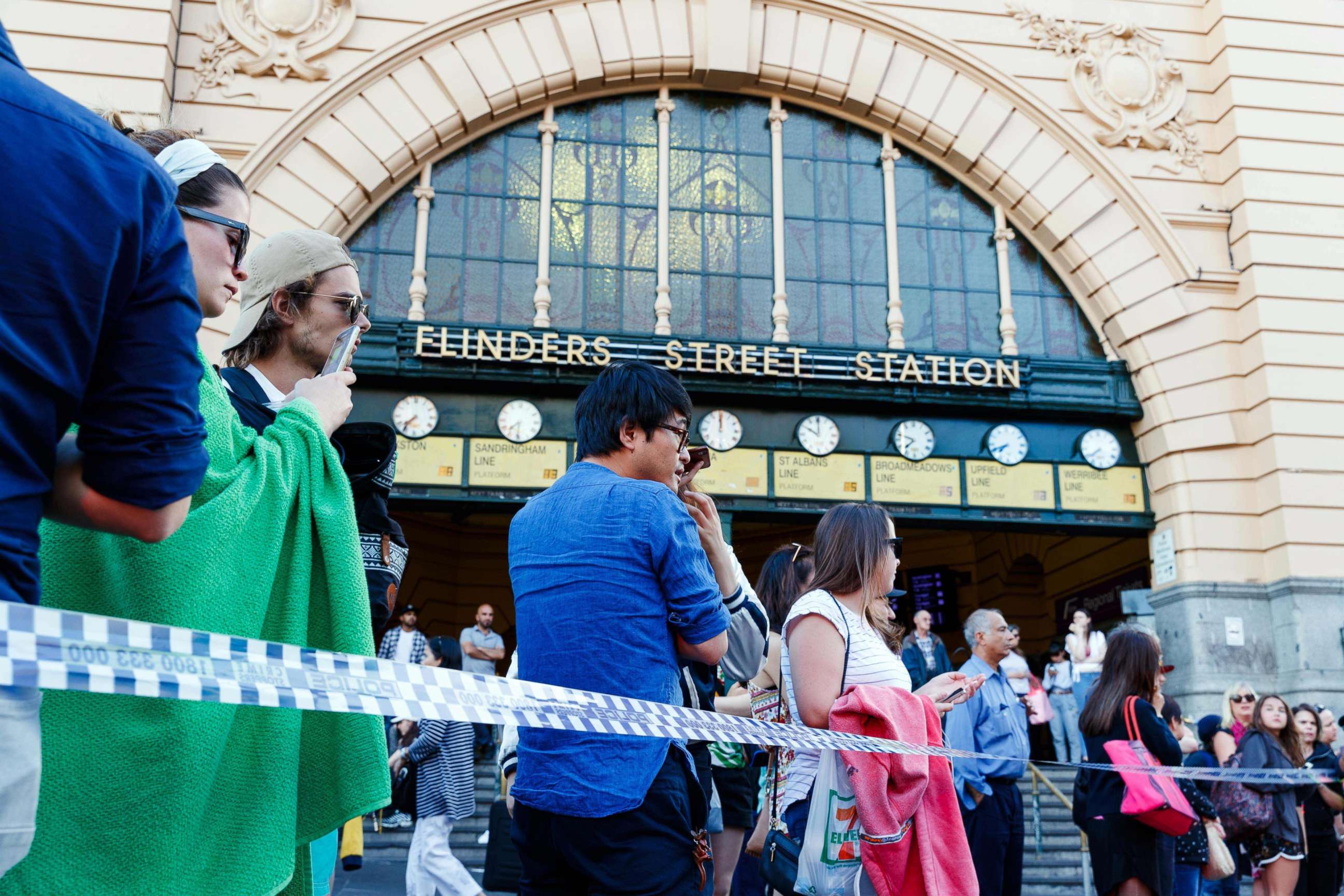 PHOTO: People gather at the scene of where a car ran over pedestrians at Flinders Street in Melbourne, Australia,  Dec.  21, 2017. 