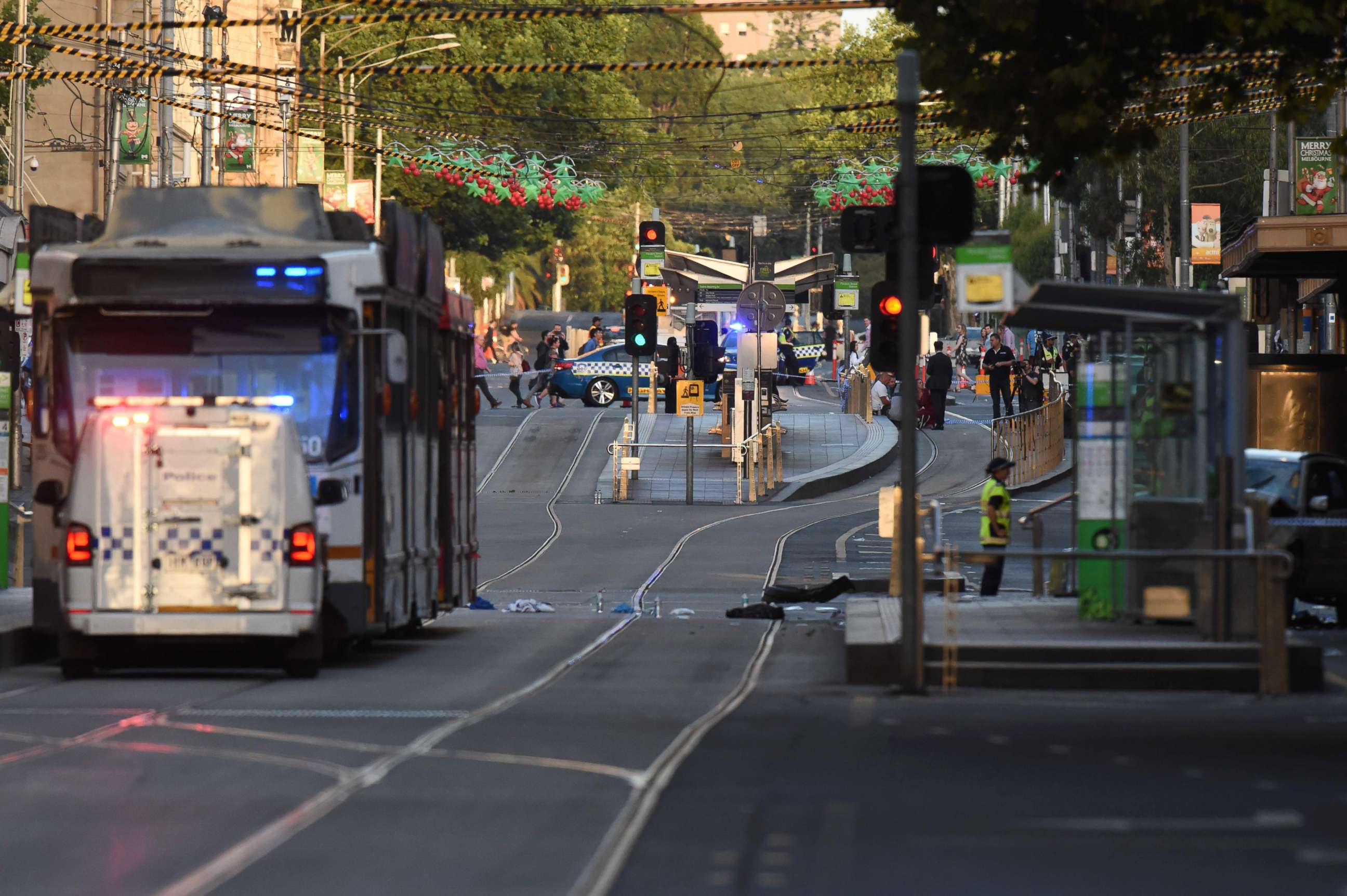 PHOTO: Debris sits in the middle of the road at the scene where a car ran over pedestrians in Melbourne, Australia, Dec. 21, 2017.